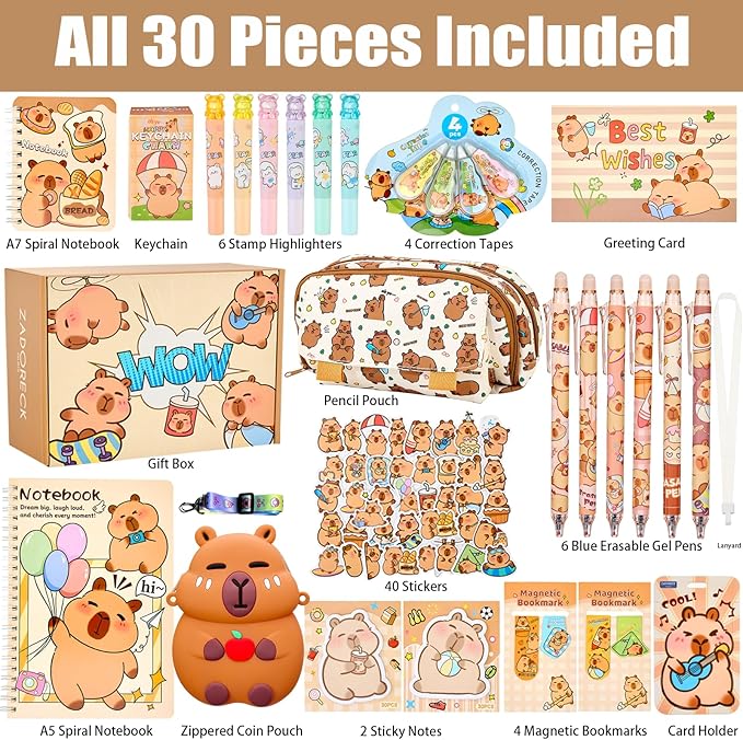 Cute Capybara Stationery Gift Set for Kids,30 Piece Animal Theme School Supplies Kit with Pencil Case,Notebook & Stickers,Practical and Fun for Birthday,Easter& Festivals Gift Girls Boys