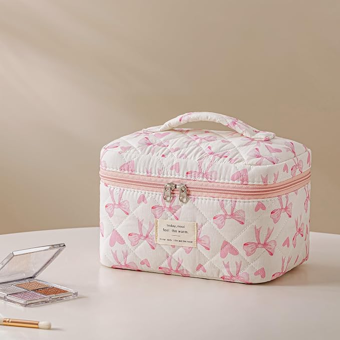 HBselect Quilted Makeup Bag, 3Pcs Cotton Large Travel Makeup Bags Organizer | Cute Floral Make up Bag Cosmetic Bag Toiletry Bag for Women Girls, Makeup Pouch for Skincare, Brushes & Travel Essentials