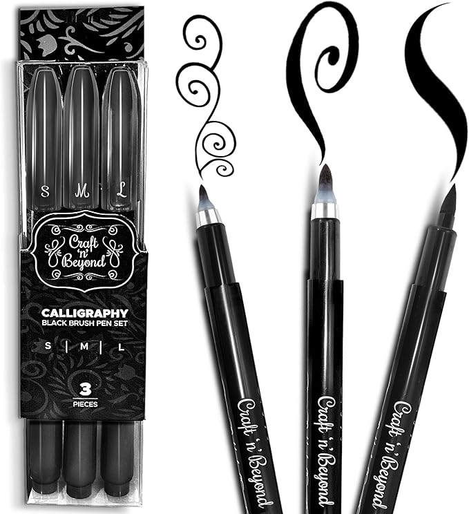Craft 'n' Beyond Calligraphy Brush Pens Pack of 3 Small, Medium and Large Markers for Hand Lettering, Art Drawing, Sketching, Scrapbooking, Writing, Journaling - Beginner Kit with Fadeproof Black Ink
