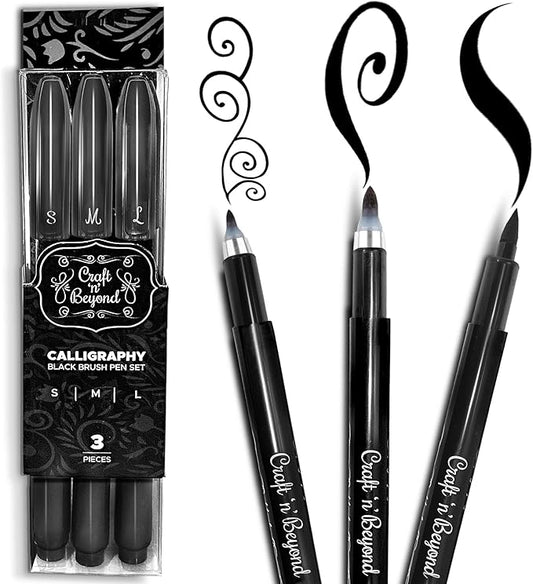 Craft 'n' Beyond Calligraphy Brush Pens Pack of 3 Small, Medium and Large Markers for Hand Lettering, Art Drawing, Sketching, Scrapbooking, Writing, Journaling - Beginner Kit with Fadeproof Black Ink