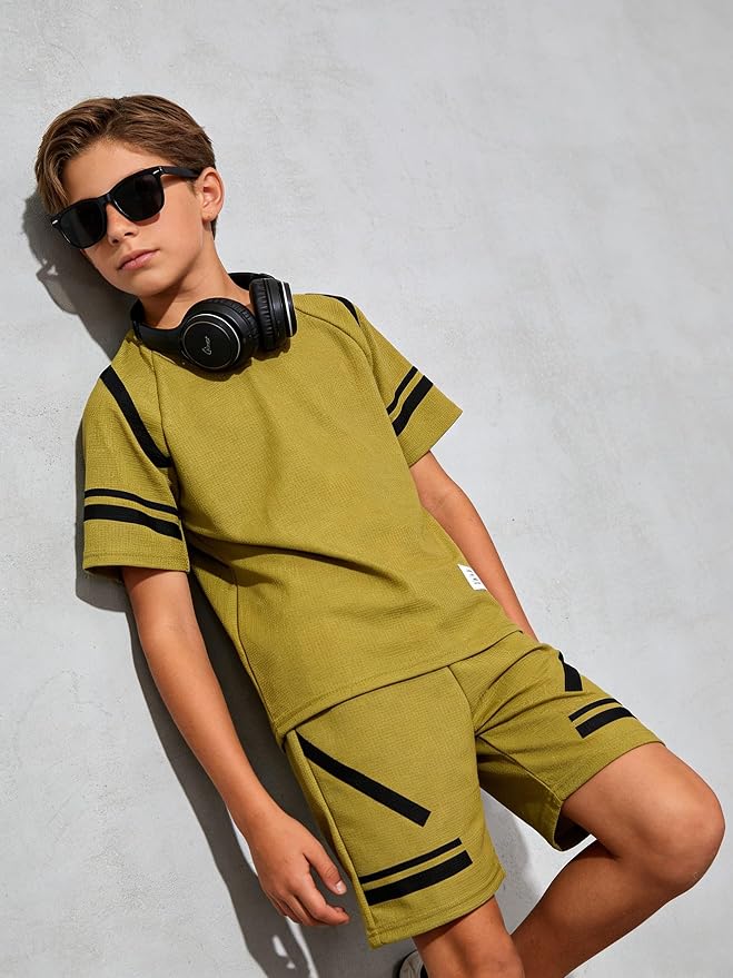 Cakaner Tween Boys Clothes Summer Simple Print T-Shirt And Shorts Set 2 Pieces Teen Trendy Outfits Size 7-14 Year