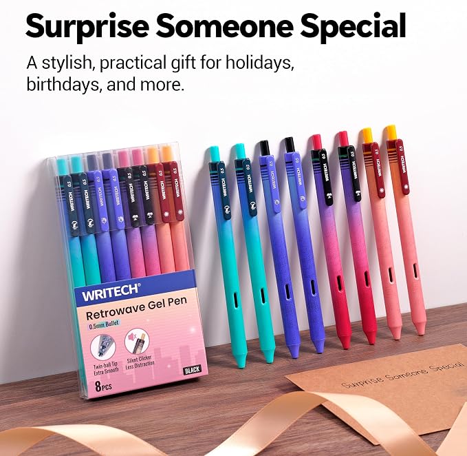 WRITECH Black Ink Gel Pens: Retrowave 0.5mm Fine Point Silent Click 8ct | Smooth Writing Refillable No Bleed Smudge Resistant for Everyday Writing Journaling Planning School Office and Crafting