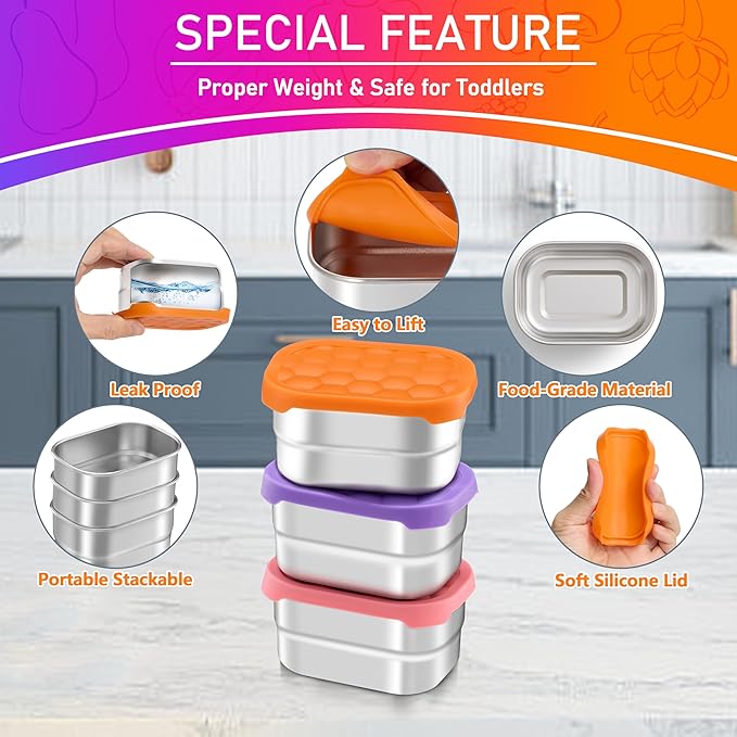 HaWare 8 oz Stainless Steel Snack Containers for Toddlers and Kids, Leak Proof Food Storage Containers with Silicone Lids, Stackable & Reusable Small Metal Lunch Box for Daycare and School- 3 Packs