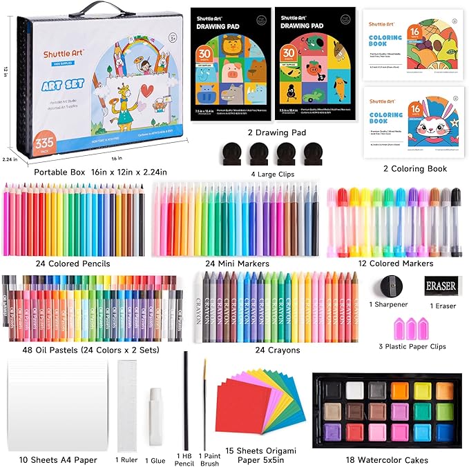 Shuttle Art 335 Piece Kids Art Set, Multi-Media Art Supplies, Gift Art Kit with Trifold Easel, 2 Drawing Pads, 2 Coloring Books, Oil Pastels, Crayons, Watercolors, Markers, Colored Pencils (Black)