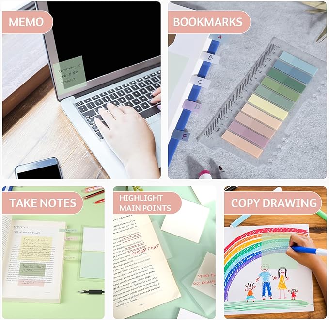 ONEDONE Transparent Sticky Notes -700 Sheets Clear Sticky Notes Tabs for Annotating Books, Translucent Book Annotation Kit w/Index Tabs Book Markers Office & School Supplies