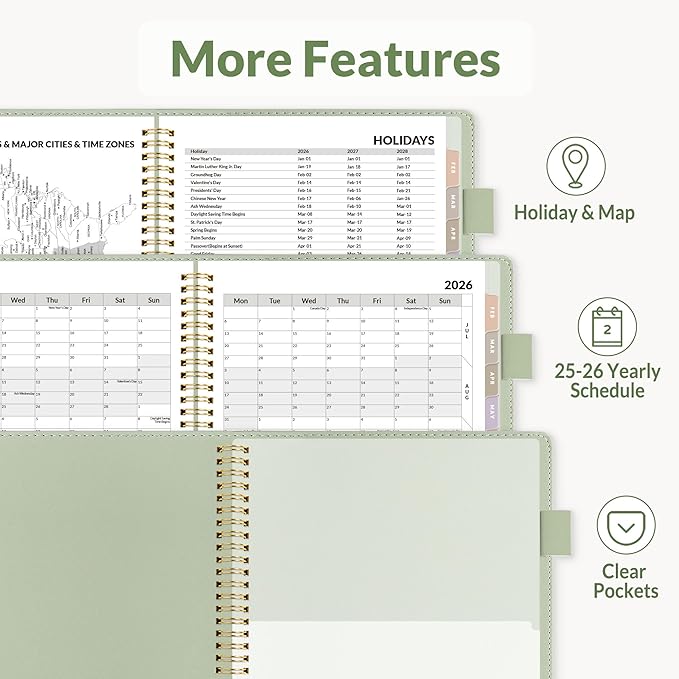 SUNEE 2026 Weekly & Monthly Planner 6.2"x8.5"- 12 Month (January 2026 - December 2026), Vegan Leather Cover, Pocket, Bookmark, Notes, Monthly Tab, Sage Green