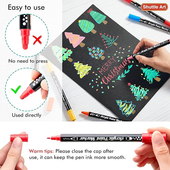 Shuttle Art 36 Colors Dual Tip Acrylic Paint Markers, Dot Tip and Fine Tip Acrylic Paint Pens for Rock, Ceramic, Wood, Canvas, Plastic, Glass, Stone, Calligraphy, Card Making, DIY Crafts