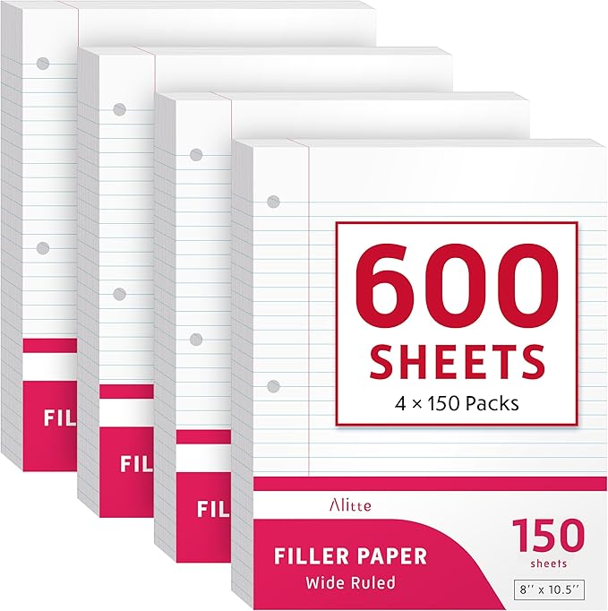 Alitte Loose Leaf Paper, Wide Ruled, 600 Sheets (150/Pack) Filler Paper for Writing Notes - School, College, Office - 3 Hole-Punch Lined Sheets for Ring Binders, Pocket Folders - White, 8 x 10.5