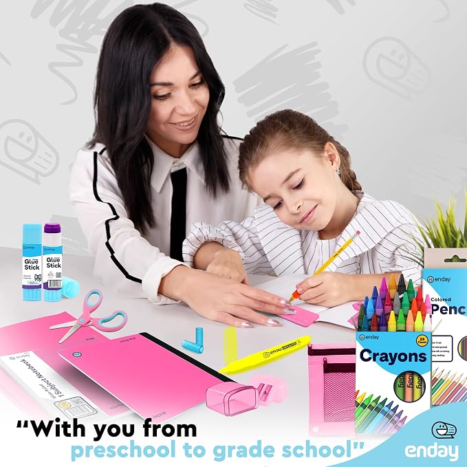 Enday Back to School Supplies for Kids, Pink School Supply Box Grades K-5, Premium Quality Kids School Kit, Kindergarten Supplies for Girls and Boys, 78 Piece Set