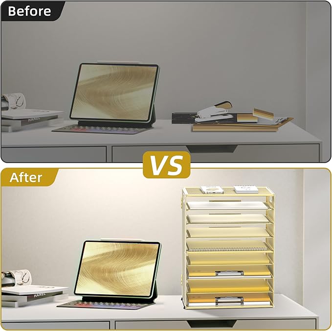 DALTACK 9-Tier Paper Organizer for Desk, Mesh Letter Tray Desk Organizer with Handles, Space-Saving File Organizer for Office Home School, Gold