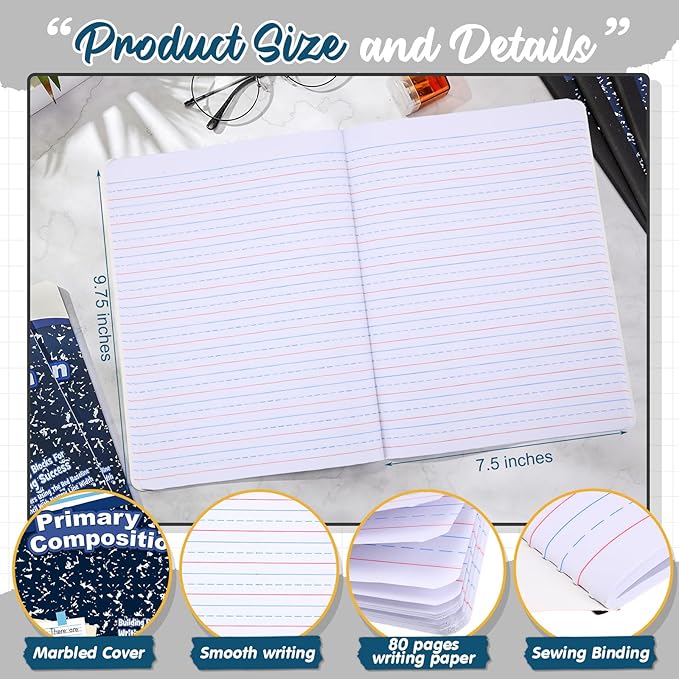 Fulmoon 24 Pack Primary Composition Notebook,Grade K-2 Journal Wide 3 Line Ruled,80 Pages,Marble Cover,7-1/2" x 9-3/4" Primary Writing Notebook for Kindergarten Preschool,1st 2nd Grad (Blue Color)