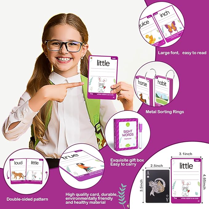 WJPC 55 Cards, 106PCS High Frequency Sight Words Flash Cards (Second-Grade), 1st, 2nd, 3rd Grade, 7,8,910,11 Years Ages Kids Boys Girls for Reading, Write, Association, Sentence Making