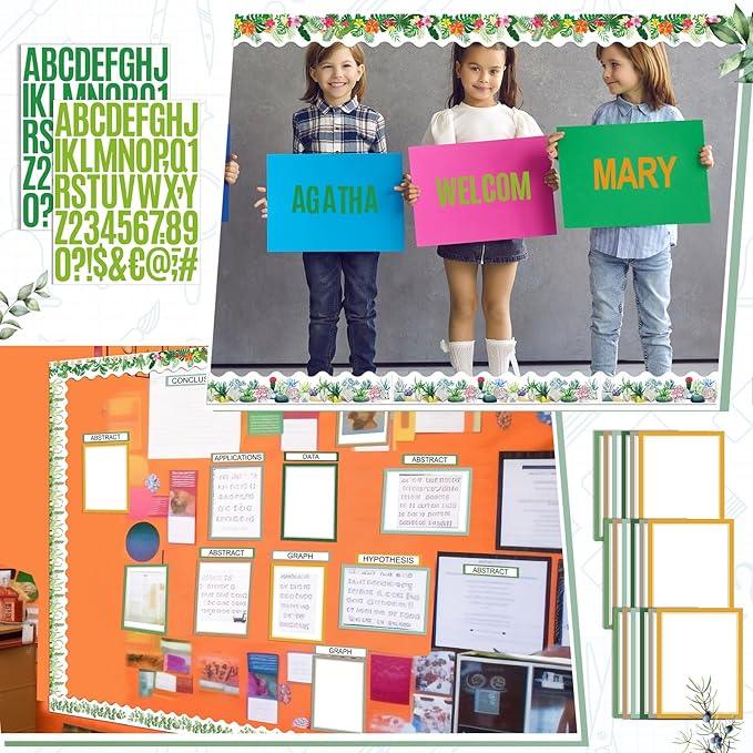 Sinload 92 Pcs Science Fair Board Supplies 60 Trim Scalloped Poster Boards 18 Presentation Subtitles 6 Project Titles 8 Letter Sticker for Classroom Display Boards (Green,Plant)