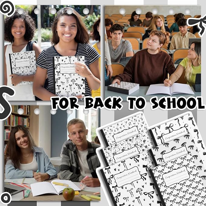 Fullhawl 6 Pack Composition Notebook College Ruled Bulk Black Bow Composition Notebook Preppy Aesthetic for Back to School Supplies 110 Pages 9-3/4 x 7-1/2" Journal for First Day of School Office