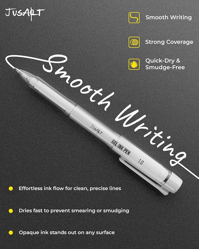 JusArt White Gel Pens with 0.4mm, 0.5mm & 1.0mm Assorted Tips, Opaque White Ink Pens for Black Paper, Drawing, Journaling & DIY Crafts, Ideal Drawing Pens for Artists & Art Supplies, 5 Pack