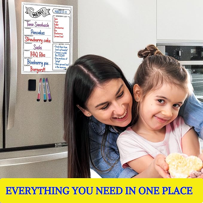 Magnetic Weekly Meal Planner for Fridge – 16” x 12” Dry Erase Menu Board with Grocery List & Notes – Stain-Resistant Whiteboard for Family Meal Planning Includes 3 Magnetic Markers & Eraser
