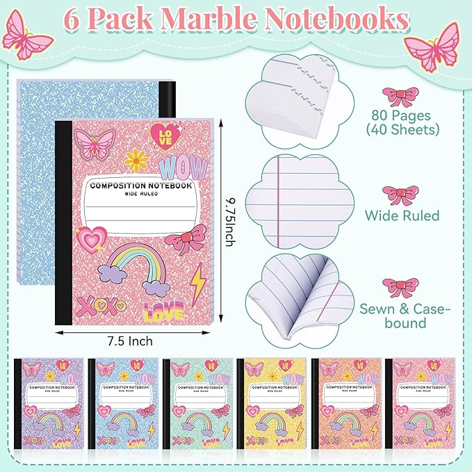 FOGWOWO 6 Pack Marble Composition Notebook Wide Ruled,Pastel Preppy Composition Notebooks Bulk,Assorted Colors Back to School Marble Notebooks 80 Pages (40 Sheets) 9.75x7.5 Inches