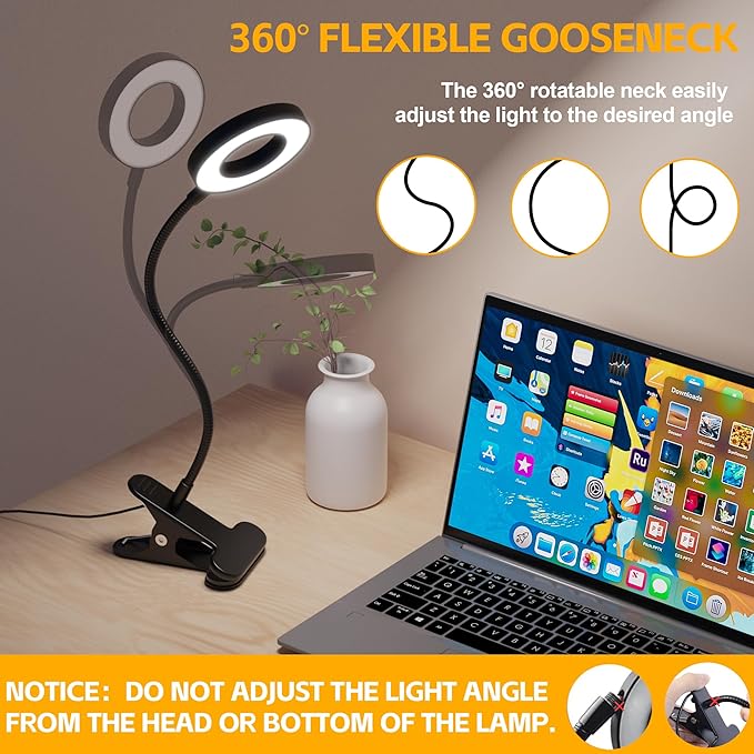 Foneso Desk Lamp Clip on Light, 48 LEDs USB Lamp with 3 Color Modes 10 Brightness Levels, 360° Flexible Gooseneck Eye Protection Bed Night Light for Reading, Makeup, Office, Pack of 2