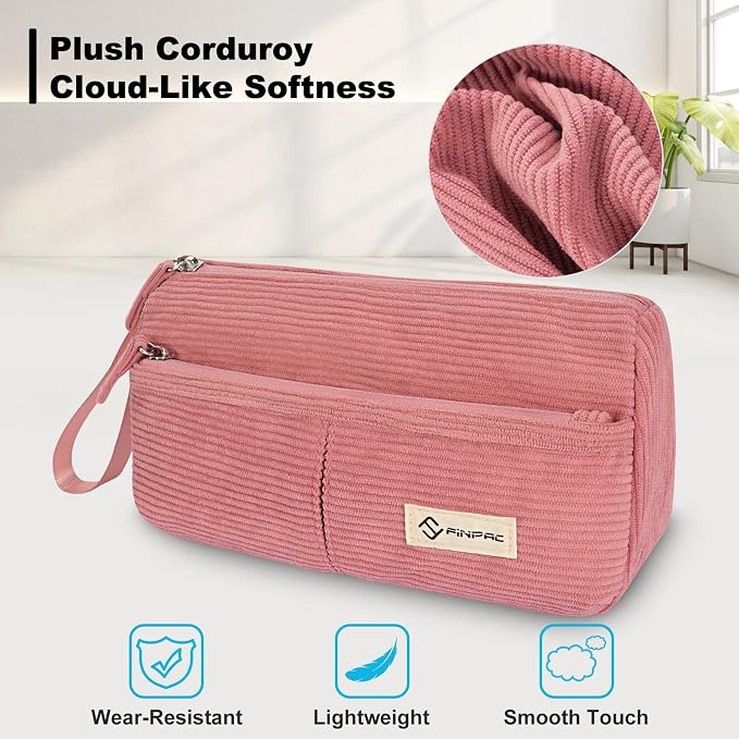 FINPAC Pencil Case, Corduroy Triangle Makeup Bag Kawaii Pen Bag Pouch | Pencil Holder Box Organize for Study, Office, or Travel, Pink