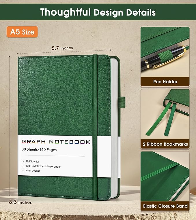 A5 Leather Hardcover Graph Paper Notebook, 160 Pages (5 Squares/Inch), 180° Lay-Flat Binding, 100 GSM Thick Paper, for Math, Engineering, Students & Technical Work (Green)