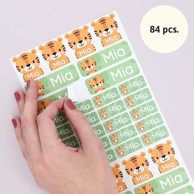 Personalized Daycare Name Labels (84) – Daycare Labels & Name Stickers for Kids – Labels for Kids Stuff Daycare – Waterproof for Baby Bottles, Clothing & Lunch Boxes - Tiger