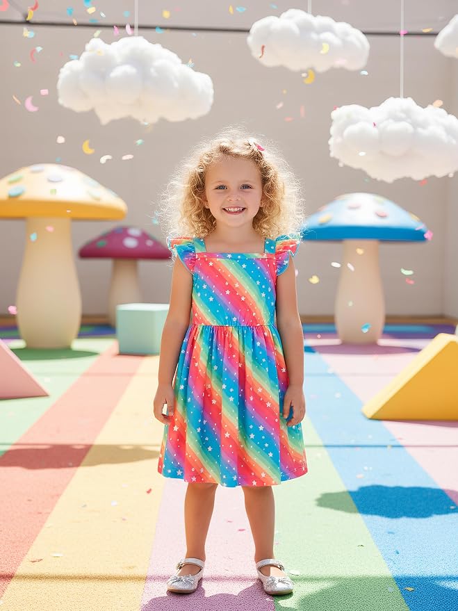 Popshion Girls Dresses Flutter Sleeve Swing Sundress Toddler Summer Clothes Kid Birthday Party Sleeveless Dress 1-8 Years Old