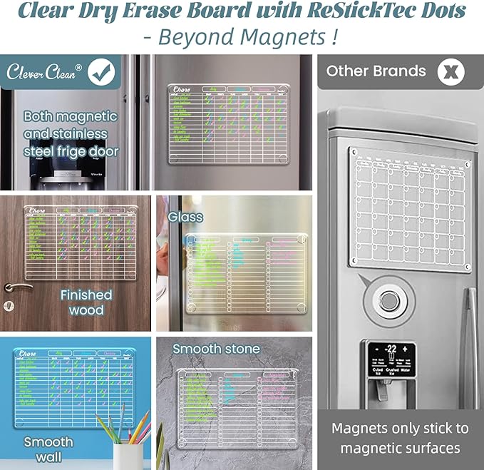 Clear Non-Magnetic Dry Erase List Board and Chore Chart - 13"x8.5" to-do List and Responsibility Chore Board for Kids, Teenagers and Adults - Sticks to Wall, Glass, Door, Any Smooth Surfaces
