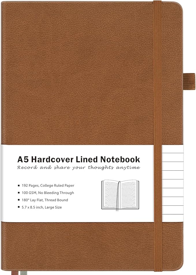 College Ruled Notebook, A5 Hardcover Leather Notebook for Work, Lined Notebook Journal for Women, Men, 100GSM Thick Paper, Large Notebook with Pockets, Professional Business Notebook, 5.7"x8.5", Brown