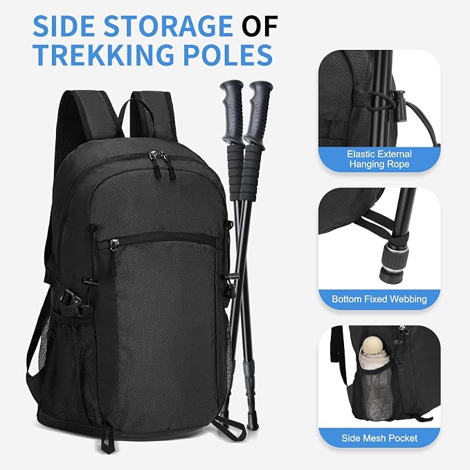 30L Large Hiking Daypack, Foldable Outdoor Backpack, Black | Packable Daypacks for Men Women, Lightweight Water-Repellent Collapsible Daypack for Commuting Outdoor Sports Camping