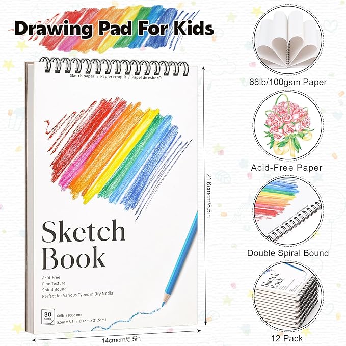 12 Pack Small Sketch Books, 5.5 x 8.5 Inch Mini Sketchbook, 68lb/100gsm Spiral Bound Small Sketch Pad, Acid Free Art Supplies Drawing Painting Sketchbook for Kids, Beginners, Artists