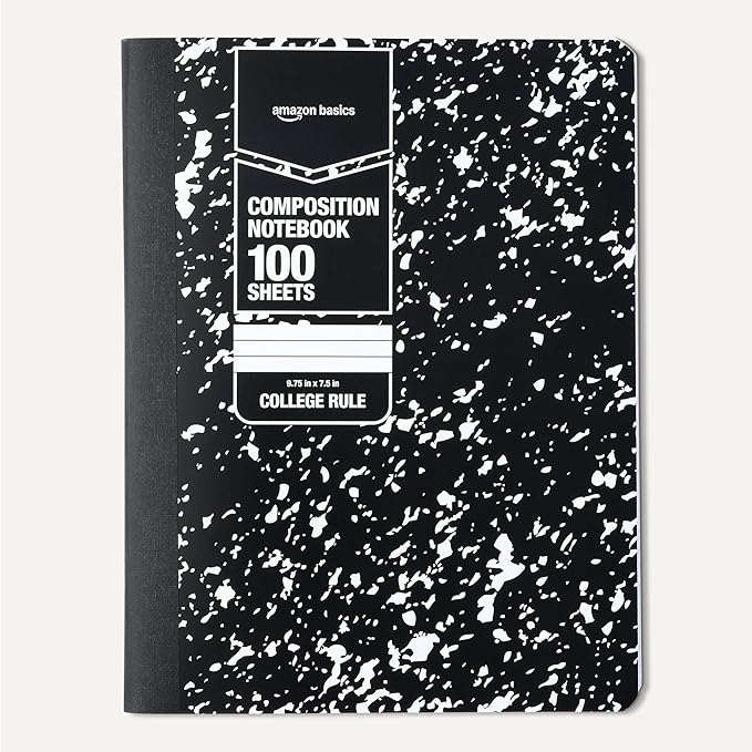 Amazon Basics Composition Notebook, College Ruled, 100 Sheets, 9.75" x 7.5", Marble Black, 12-Pack