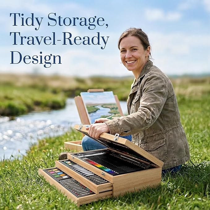 194 Piece Deluxe Art Set, Painting Drawing Art Supplies with 4 Drawing Pads, Acrylic Paints, Crayons, Colored Pencils Set in Wooden Case, Art Kit Gift Box for Kids, Teens, Adults, Artists, Beginners