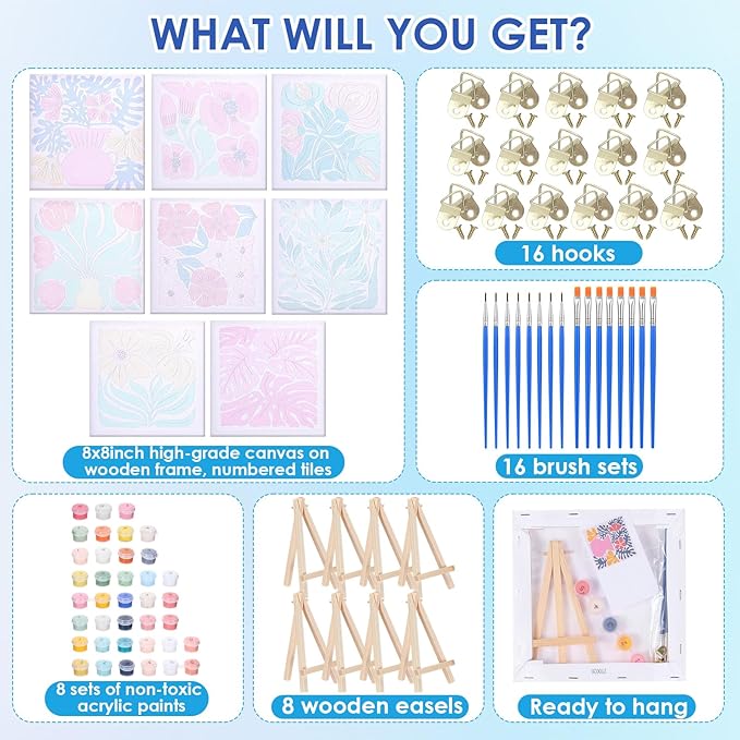RoundFunny 8 Set Paint by Numbers Kit for Adults with 8x8 Inch Mini Simple Painting Canvas Wooden Frame Easel Acrylic Paints Brushes Funny Numbers Drawing Kit for Gift Home Wall Decor(Simple Blossom)