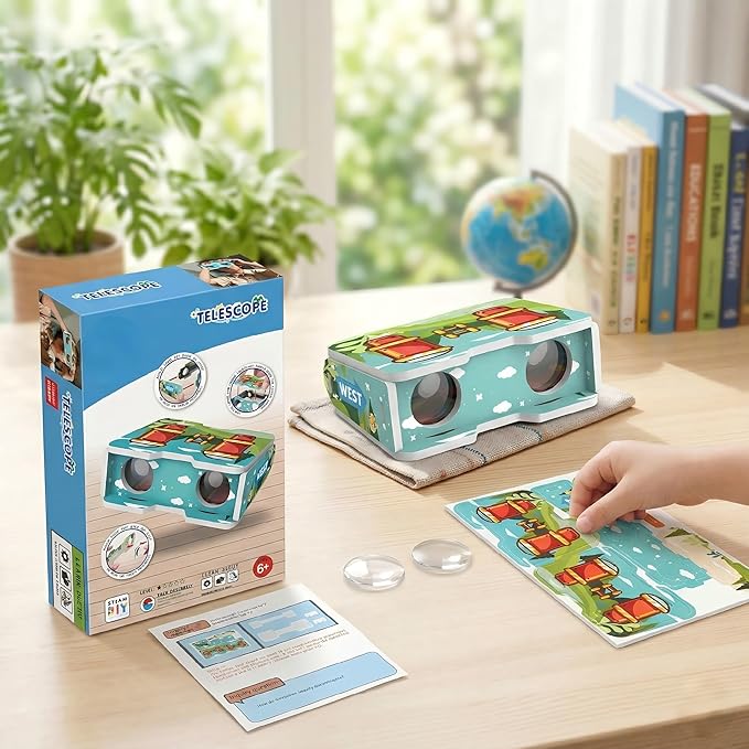 STEM Kids Binoculars - Build Your Own Functional Telescope Kit, Educational Science Toy for Children to Explore Astronomy & Optical Principles with Convex & Concave Lenses