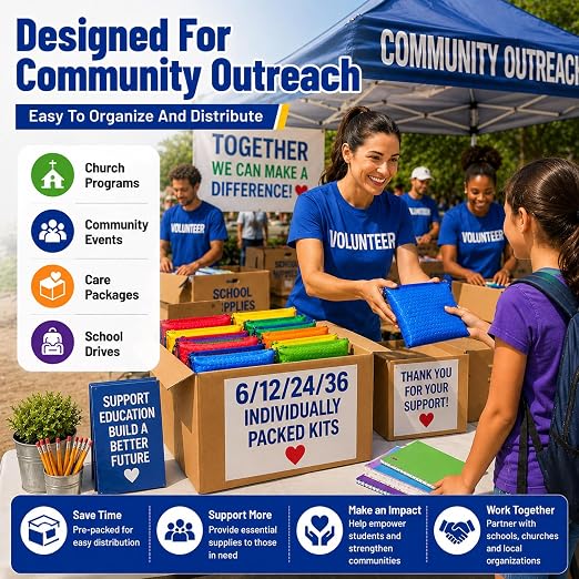 24 Pack Bulk Back to School Supply Kits, Complete Stationery Sets for Charity Donations, Classroom Giveaways, Volunteer Events and Educational Support Programs