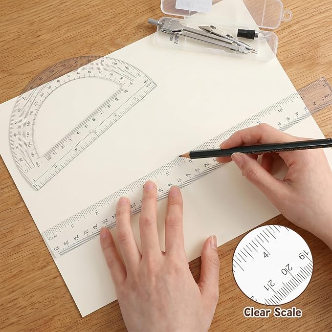 3Pcs Clear Protractor and Compass Set, Plastic Ruler, 12" Plastic Ruler with 180 Degree Protractor and Stainless Steel Compass Geometry Tool for Students, Office Use