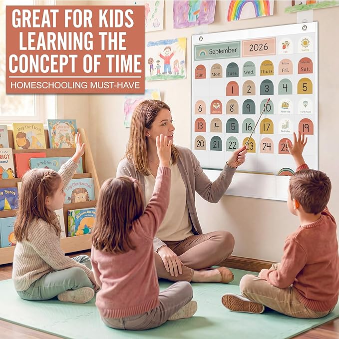 Classroom Monthly Calendar Pocket Chart for Kids Learning, 105 Cards Wall Boho Calendar and Weather, Teacher Supplies for Kindergarten Preschool Elementary Homeschool