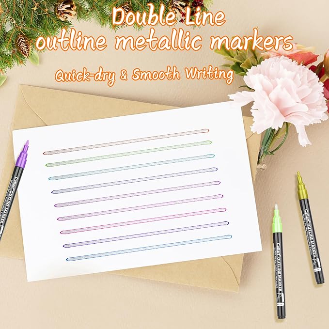 Caliart 12 Colors Outline Markers Shimmer Glitter Pens, Cool Fun Craft Metallic Drawing Marker Set, Trendy Stuff Art Supplies Gifts for Artists Teen Kids Girls Adults
