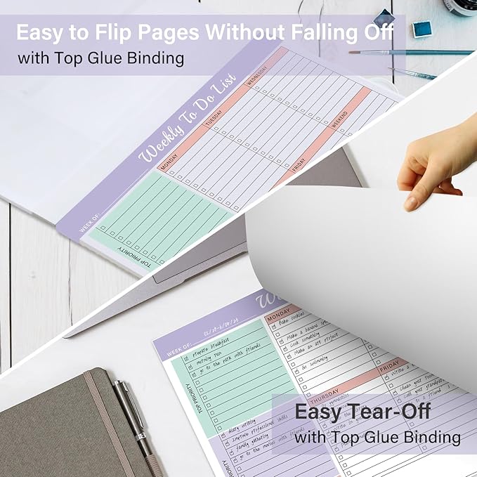 Weekly To Do List Notepad - 52 Undated Glue Bound Tear-Off Sheets (8.5"x11") for Desk Planning | Home, Work & School Organization Pad for Women & Men (Purple)