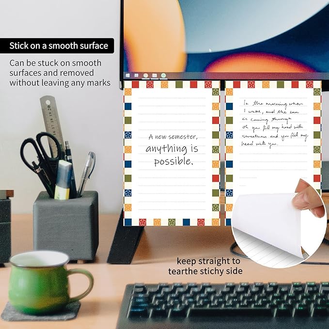 2 Pack Lined Sticky Notes 4x6 in, Cute Self-Stick Notepads with Lines, Large Memo Pads Strong Adhesive for Office, Home Colorful Cute Plaid