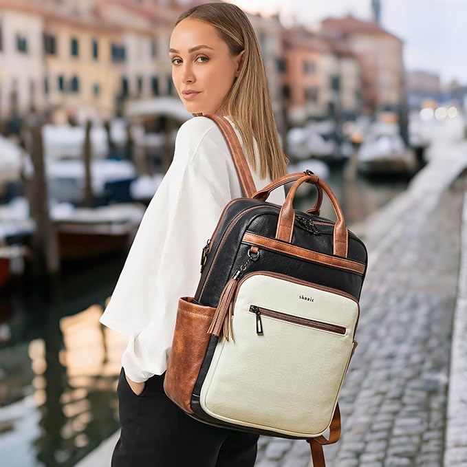 Shrrie Laptop Backpack for Women 15.6 inch Travel Leather Backpack Purse Work Computer Backpacks for Business College Black With Brown and White