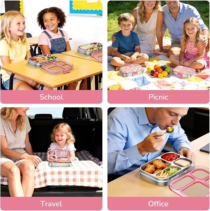 G.a HOMEFAVOR Stainless Steel Lunch Box - 4 Compartments Bento Box for Kids, Leakproof Food Container for School, Office, Dishwasher Safe, BPA-Free, 800 ml/27 oz, Pink
