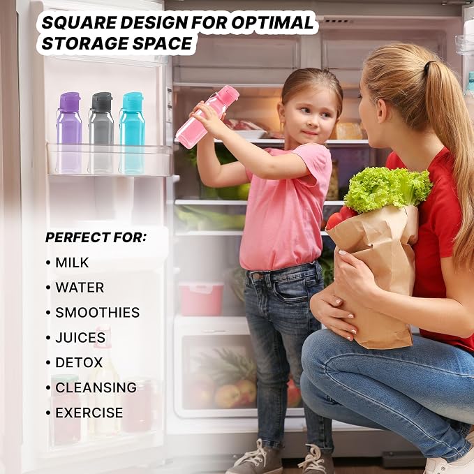 Bulk Set of 4 10oz Multicolor Water Bottles for Kids and Adults - Leak Proof With Carry Strap - Square Reusable for Juice, Drinks - BPA-Free Dishwasher-Safe