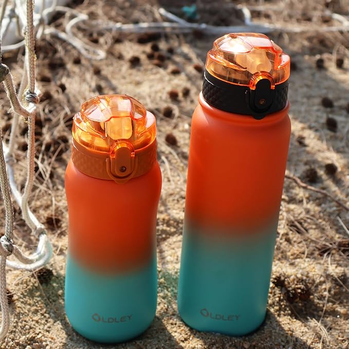 Oldley Insulated Water Bottle 12oz Kids Water Bottles with Straw, Stainless Steel Water Bottle with 2 Lids,Double Wall Vacuum Bottle, Leak-Proof Sport Bottles for School Travel, Ombre Orange-green