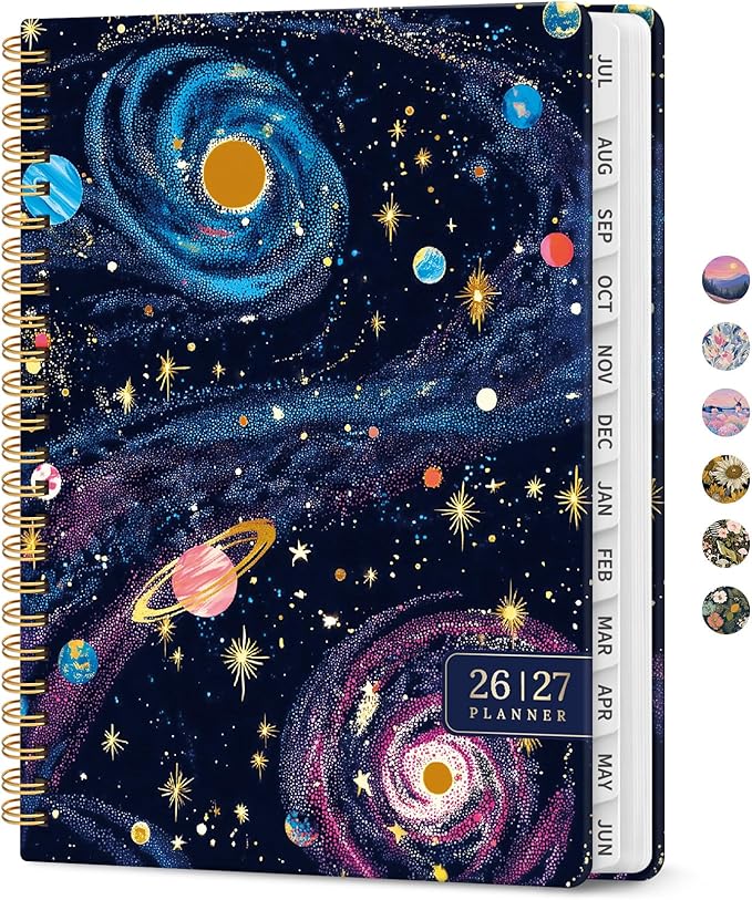 Planner 2026–2027, Academic Monthly Weekly Spiral Calendar, July 2026 – June 2027, Hardcover Agenda Notebook with Tabs, 6.3" x 8.5", Perfect for Students, Teachers, School & Daily Planning - Galactic Swirl
