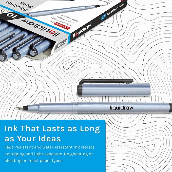 Liquidraw Black Colored Fineliner Pens, Fine 0.5mm Tip, Set of 10