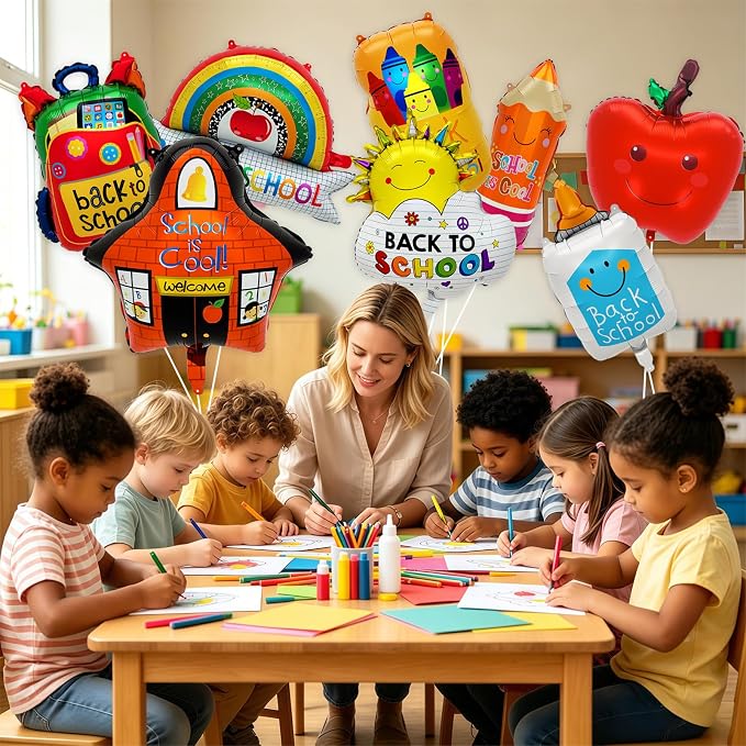 8PCS Back to School Balloons Set, Apple School Backpack Pencil Rainbow Crayon Correction Fluid Bottle Sun Balloons, Classroom Decorations for First Day of School Welcome Party Supplies