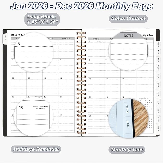 2026 Daily Planner, Jan.2026-Dec.2026, 6.2" x 8.4", 2026 Planner Weekly and Monthly, Calendar Planner 2026 with Tabs & Pocket, 100GSM Thick Paper, Black