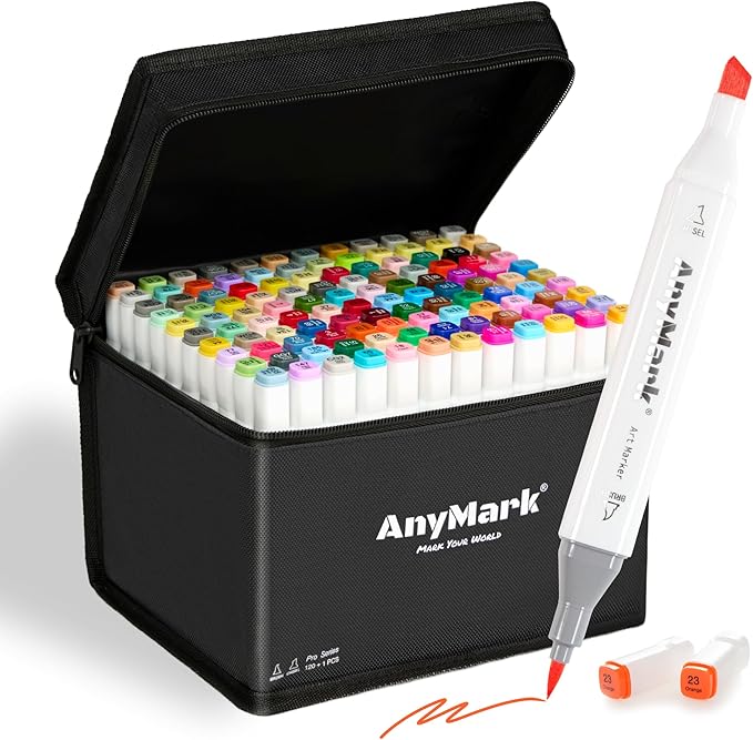 AnyMark Alcohol Markers Brush Tip, 120+1 Colors Dual Tip Brush & Chisel Alcohol-Based Art Markers Set with Case for Adult Artists Drawing Coloring