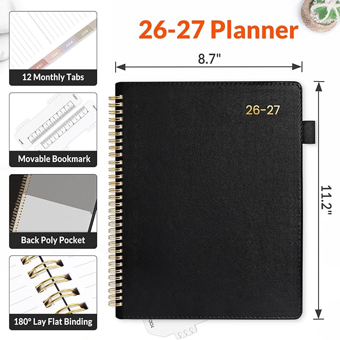 SUNEE 2026-2027 Weekly & Monthly Planner 9"x11.2" - 12 Month (July 2026 - June 2027), Vegan Leather Cover Planner Academic Year Calendar, Pocket, Notes, Monthly Tab, Black